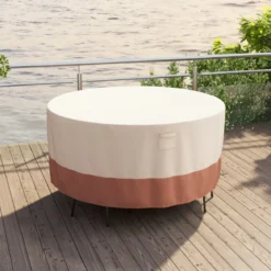 Ø 158 cm Runde Terrassenmöbel-Abdeckung mit Lüftungsschlitzen & Schnallen & Kordeln Beige