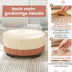 Ø 158 cm Runde Terrassenmöbel-Abdeckung mit Lüftungsschlitzen & Schnallen & Kordeln Beige
