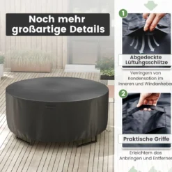 Ø 158 cm Runde Terrassenmöbel-Abdeckung mit Lüftungsschlitzen & Schnallen & Kordeln Schwarz
