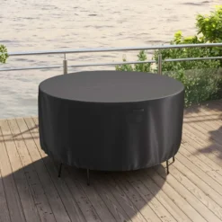 Ø 158 cm Runde Terrassenmöbel-Abdeckung mit Lüftungsschlitzen & Schnallen & Kordeln Schwarz