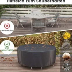 Ø 158 cm Runde Terrassenmöbel-Abdeckung mit Lüftungsschlitzen & Schnallen & Kordeln Schwarz