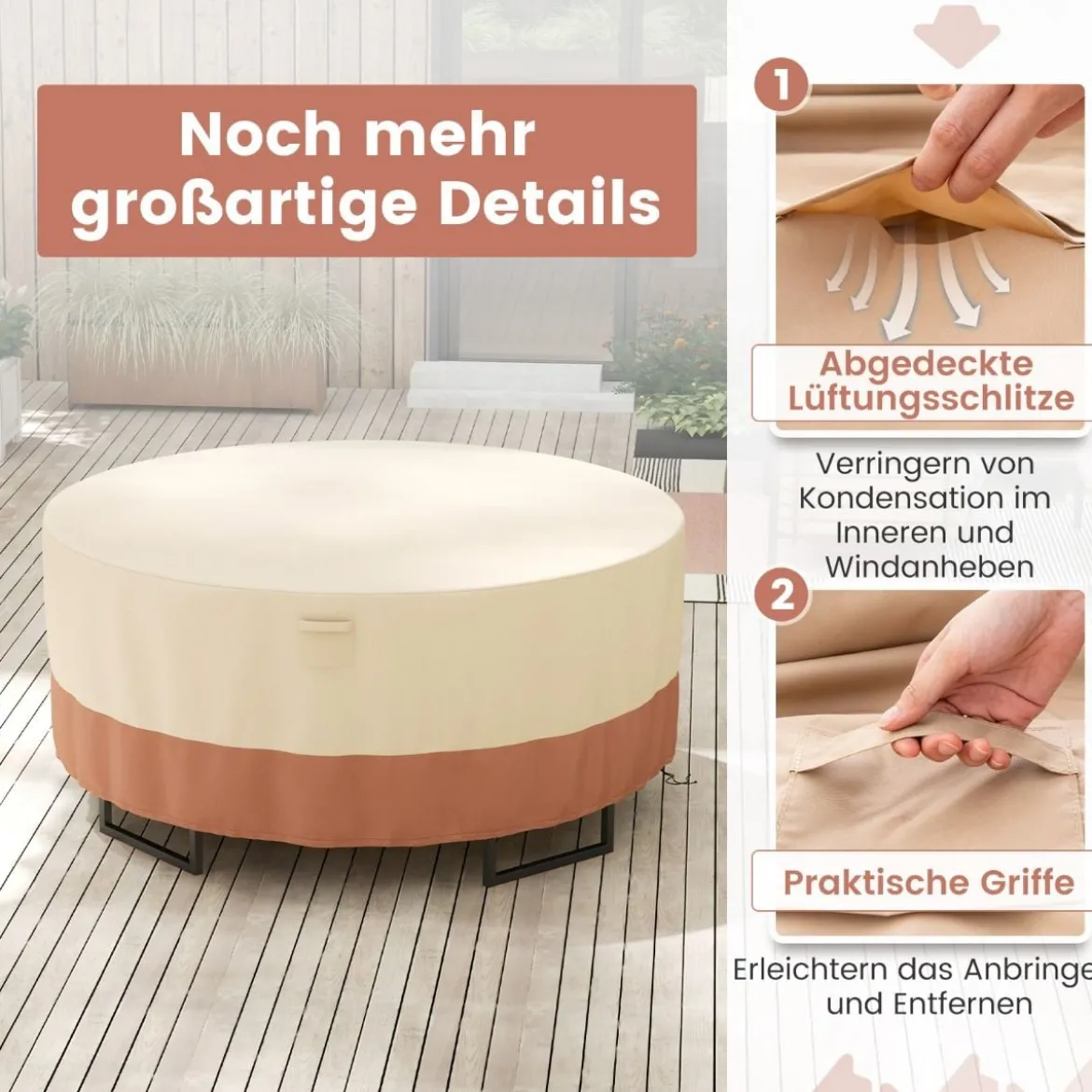Ø 183 cm Runde Terrassenmöbel-Abdeckung mit Lüftungsschlitzen & Schnallen & Kordeln Beige