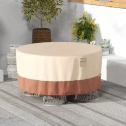 Ø 183 cm Runde Terrassenmöbel-Abdeckung mit Lüftungsschlitzen & Schnallen & Kordeln Beige