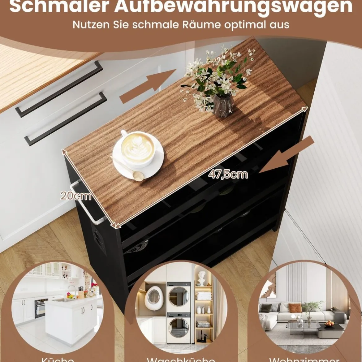 20 cm schlanker Aufbewahrungswagen mit Ladestation 4-stufiger rollbarer Küchenwagen mit Griff Schwarz+vintagebraun