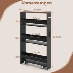 13 cm schlanker Aufbewahrungswagen mit Ladestation 4-stufiger rollbarer Küchenwagen mit Griff Schwarz + Vintagebraun