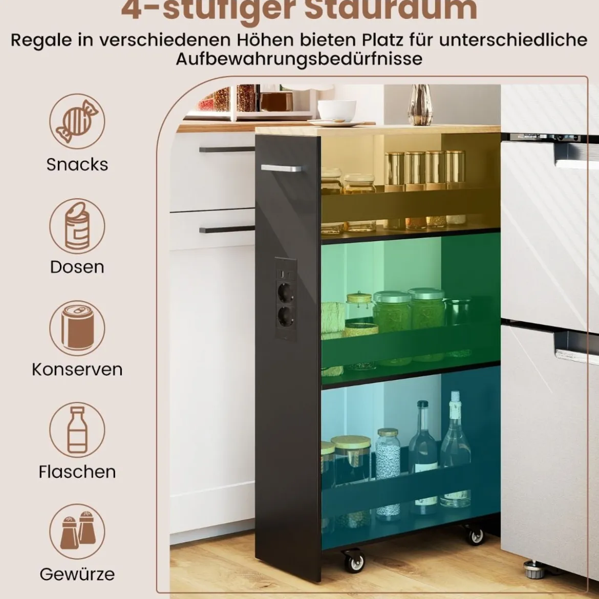 20 cm schlanker Aufbewahrungswagen mit Ladestation 4-stufiger rollbarer Küchenwagen mit Griff Schwarz