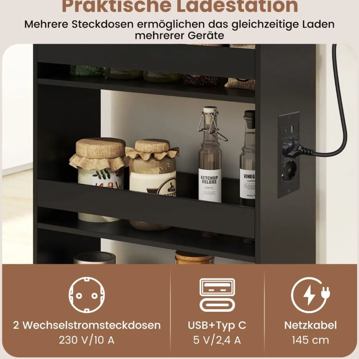 20 cm schlanker Aufbewahrungswagen mit Ladestation 4-stufiger rollbarer Küchenwagen mit Griff Schwarz