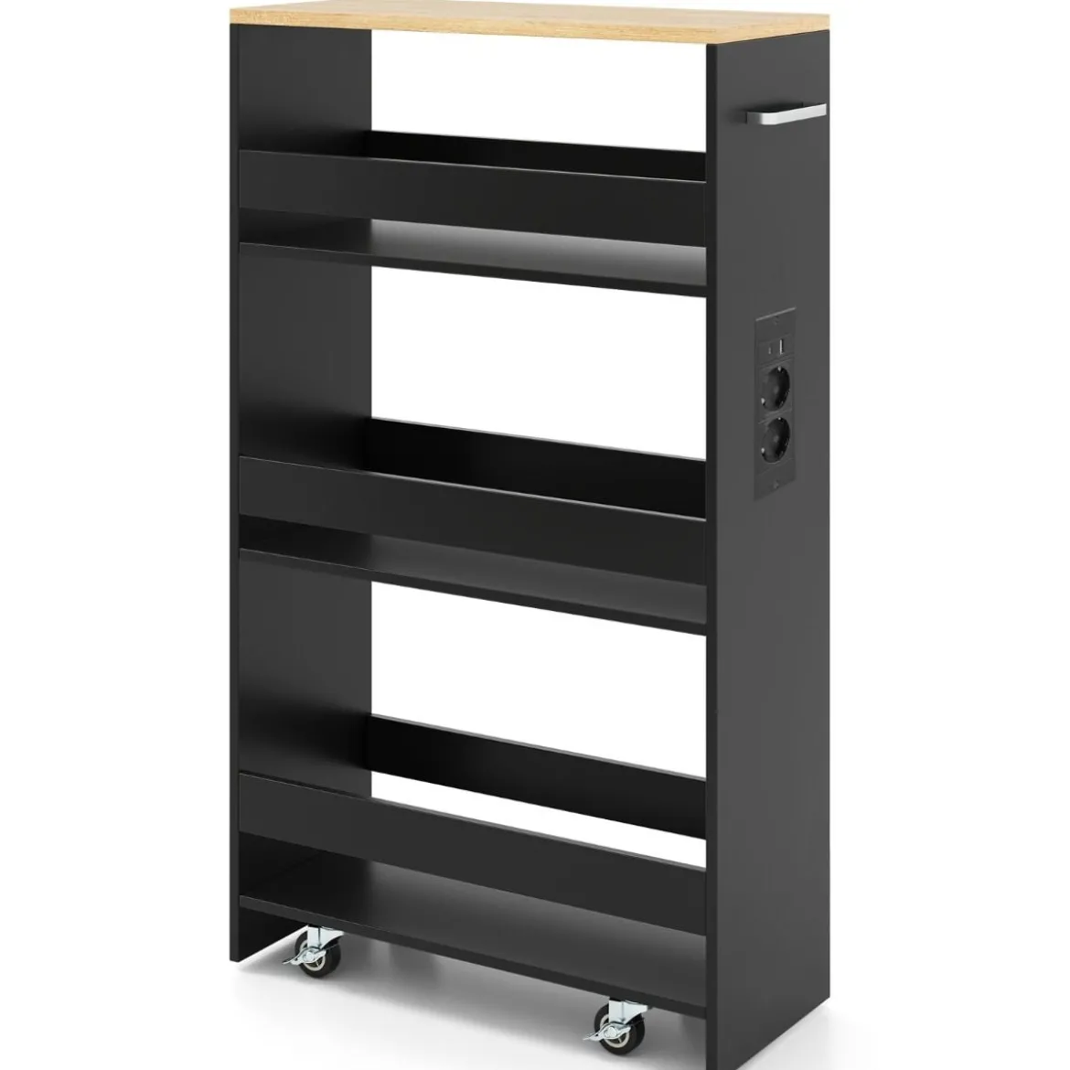 20 cm schlanker Aufbewahrungswagen mit Ladestation 4-stufiger rollbarer Küchenwagen mit Griff Schwarz