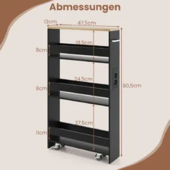 13 cm schlanker Aufbewahrungswagen mit Ladestation 4-stufiger rollbarer Küchenwagen mit Griff Schwarz