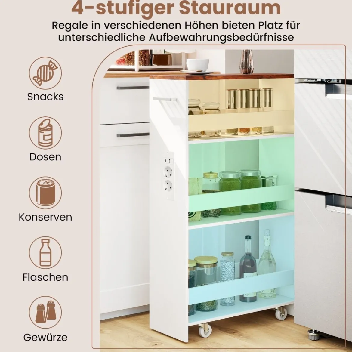 20 cm schlanker Aufbewahrungswagen mit Ladestation 4-stufiger rollbarer Küchenwagen mit Griff Rustikal Braun