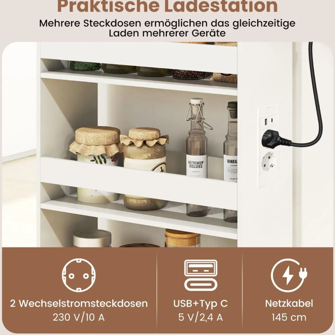 20 cm schlanker Aufbewahrungswagen mit Ladestation 4-stufiger rollbarer Küchenwagen mit Griff Rustikal Braun