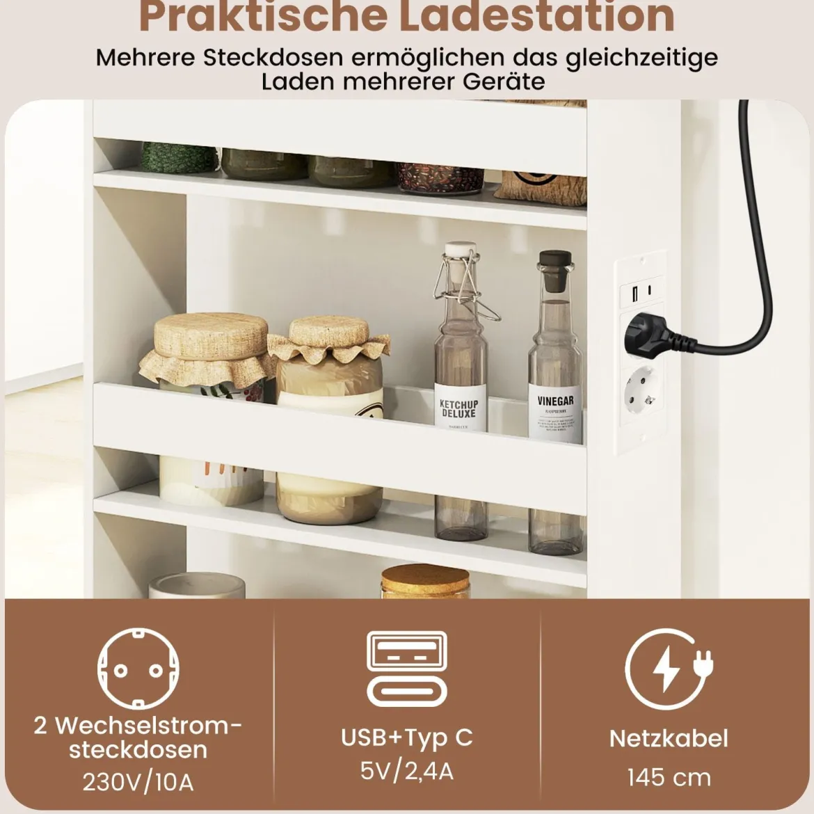 13 cm schlanker Aufbewahrungswagen mit Ladestation 4-stufiger rollbarer Küchenwagen mit Griff Rustikal Braun