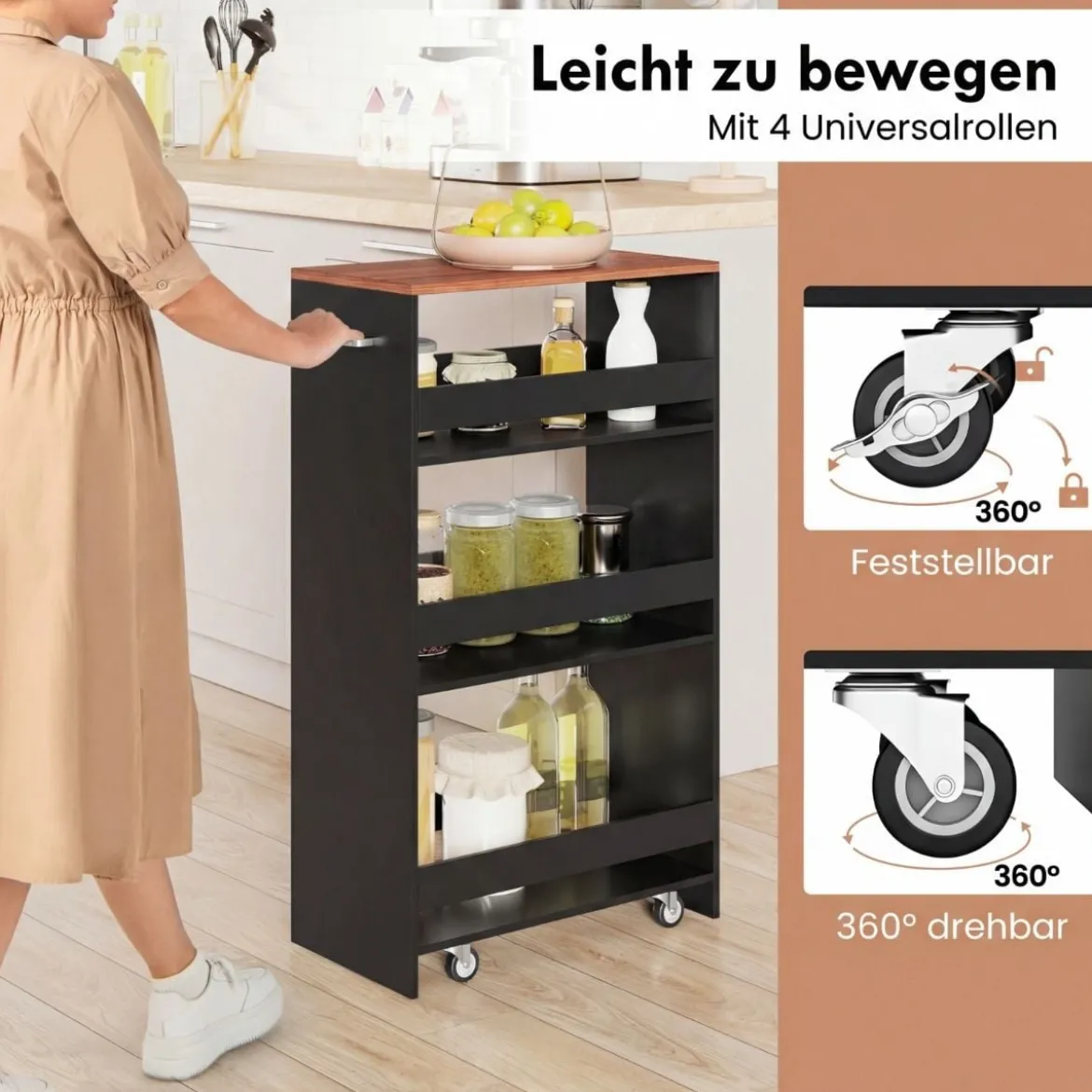 25 cm Schlanker Küchenwagen mit Ladestation 4-stufiger Rollbarer Aufbewahrungswagen Schwarz + Braun