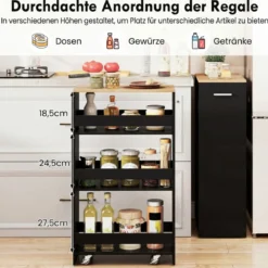 25 cm Schlanker Küchenwagen mit Ladestation 4-stufiger Rollbarer Aufbewahrungswagen Schwarz + Natur