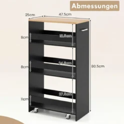 25 cm Schlanker Küchenwagen mit Ladestation 4-stufiger Rollbarer Aufbewahrungswagen Schwarz + Natur