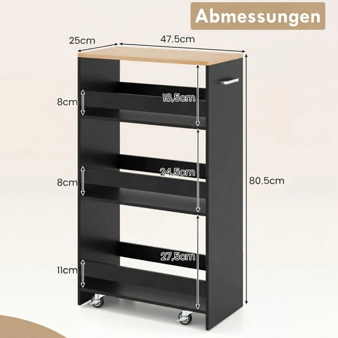 25 cm Schlanker Küchenwagen mit Ladestation 4-stufiger Rollbarer Aufbewahrungswagen Schwarz + Natur