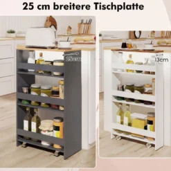 25 cm Schlanker Küchenwagen mit Ladestation 4-stufiger Rollbarer Aufbewahrungswagen Grau + Natur