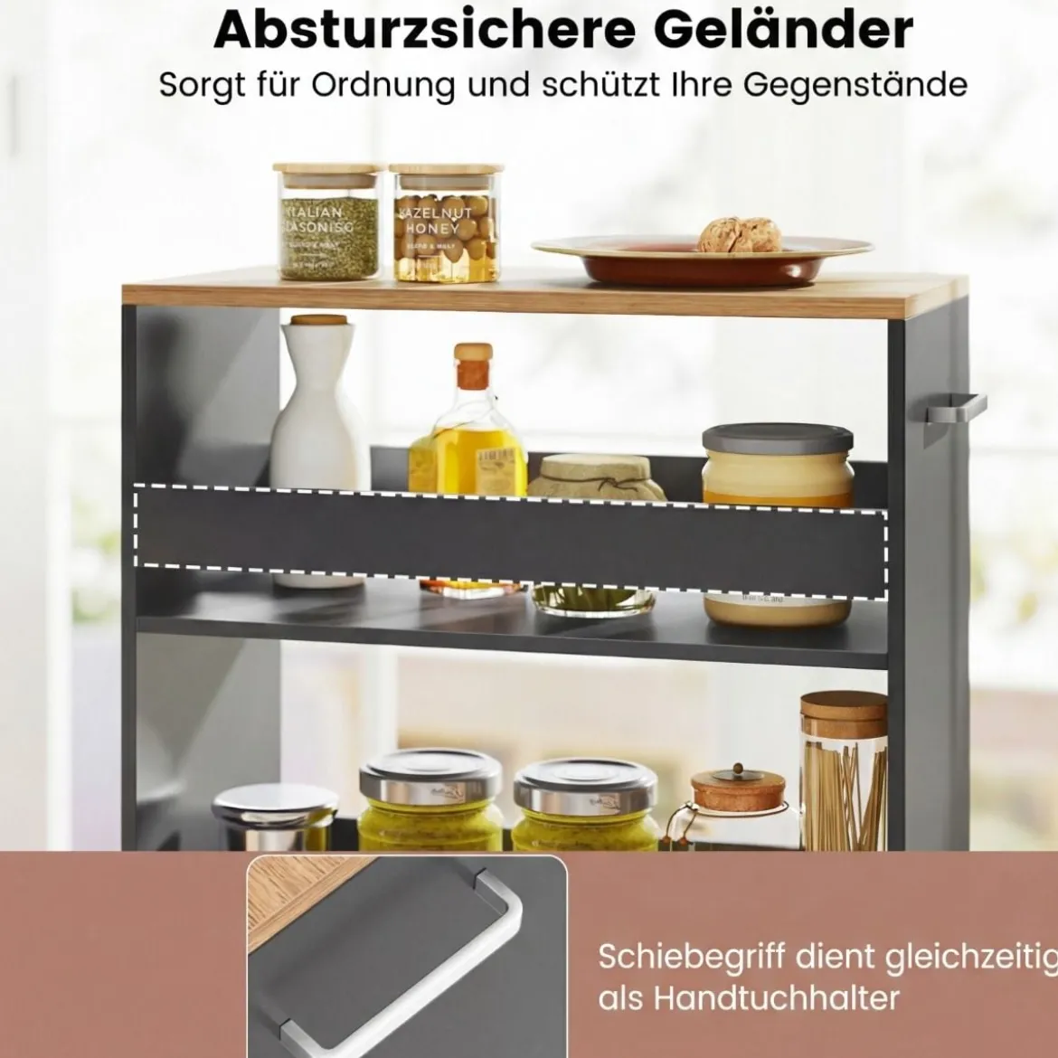 25 cm Schlanker Küchenwagen mit Ladestation 4-stufiger Rollbarer Aufbewahrungswagen Grau + Natur