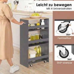 25 cm Schlanker Küchenwagen mit Ladestation 4-stufiger Rollbarer Aufbewahrungswagen Grau + Natur