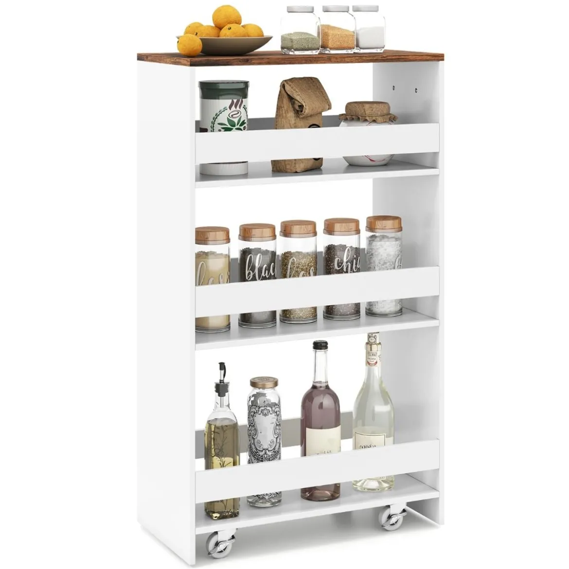 25 cm Schlanker Küchenwagen mit Ladestation 4-stufiger Rollbarer Küchenorganizer Weiß & Rustikal Braun