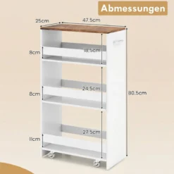 25 cm Schlanker Küchenwagen mit Ladestation 4-stufiger Rollbarer Küchenorganizer Weiß & Rustikal Braun