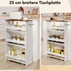 25 cm Schlanker Küchenwagen mit Ladestation 4-stufiger Rollbarer Küchenorganizer Weiß & Rustikal Braun