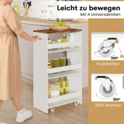 25 cm Schlanker Küchenwagen mit Ladestation 4-stufiger Rollbarer Küchenorganizer Weiß & Rustikal Braun