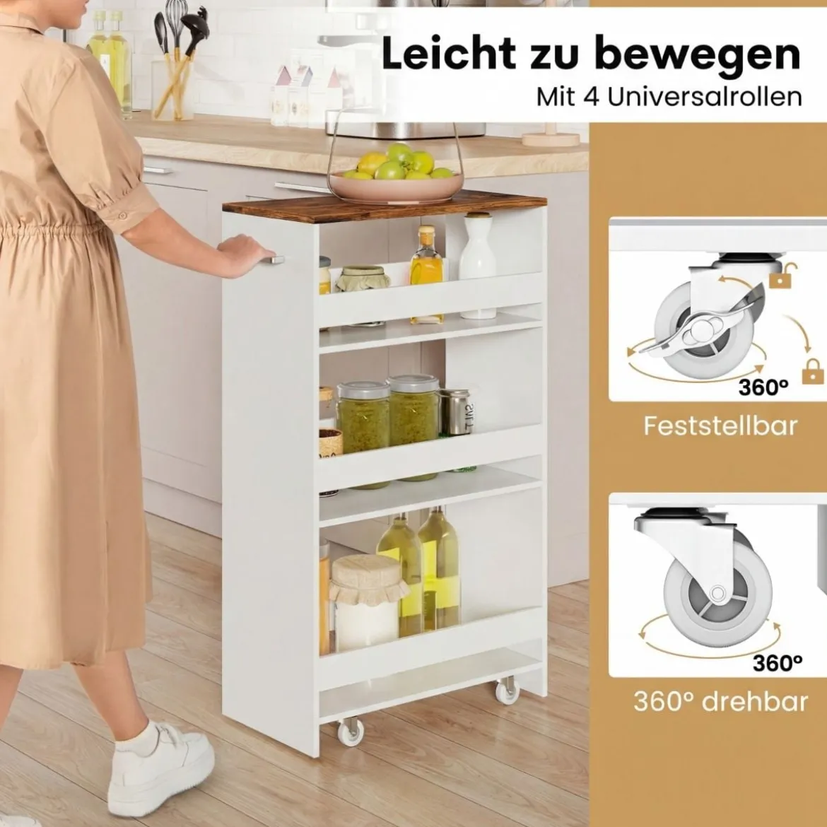 25 cm Schlanker Küchenwagen mit Ladestation 4-stufiger Rollbarer Küchenorganizer Weiß & Rustikal Braun