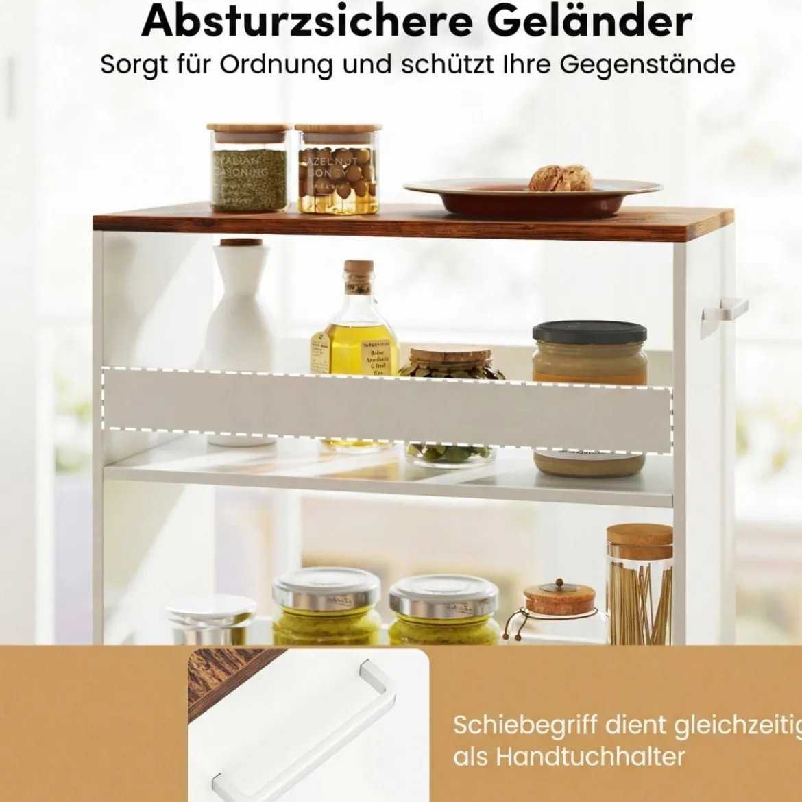 25 cm Schlanker Küchenwagen mit Ladestation 4-stufiger Rollbarer Küchenorganizer Weiß & Rustikal Braun