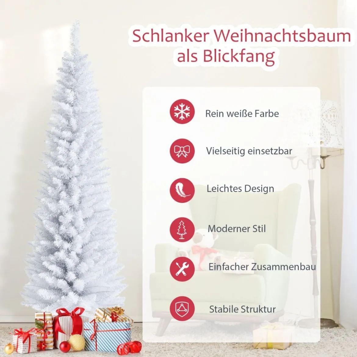 180 cm schlanker künstlicher Weihnachtsbaum Bleistiftbaum künstlicher Tannenbaum Weiß