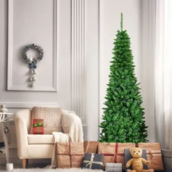 200 cm Schmaler Weihnachtsbaum mit Warmweißen LEDs Künstlicher Tannenbaum Grün
