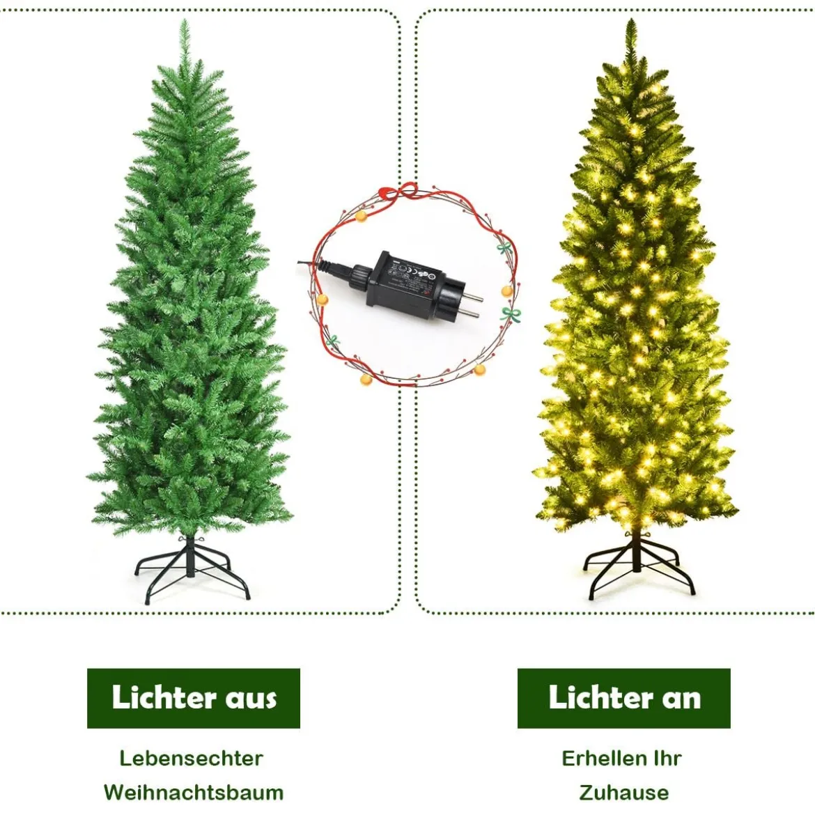180 cm schmaler Weihnachtsbaum mit warmweißen LEDs, künstlichen Nadeln faltbar mit Metallständer Grün