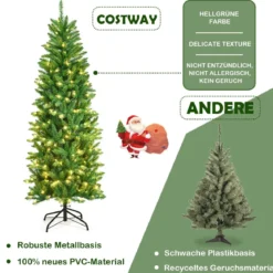 180 cm schmaler Weihnachtsbaum mit warmweißen LEDs, künstlichen Nadeln faltbar mit Metallständer Grün