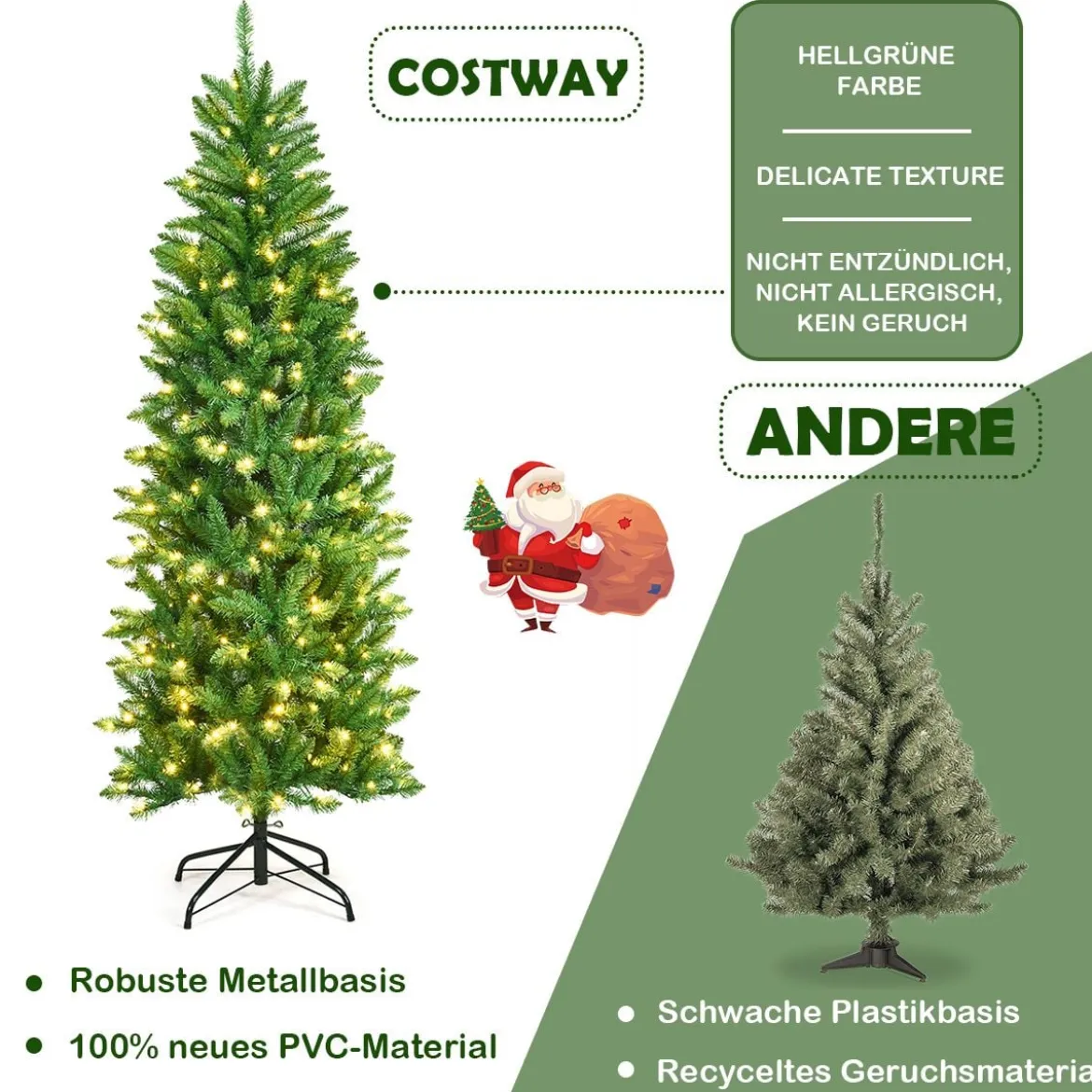 180 cm schmaler Weihnachtsbaum mit warmweißen LEDs, künstlichen Nadeln faltbar mit Metallständer Grün