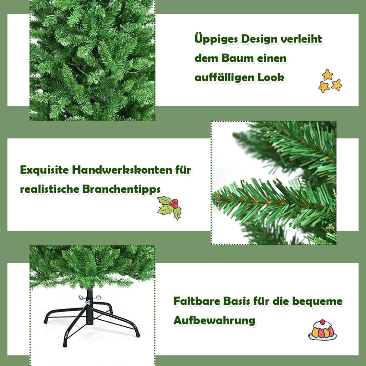 180 cm schmaler Weihnachtsbaum mit warmweißen LEDs, künstlichen Nadeln faltbar mit Metallständer Grün