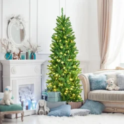180 cm schmaler Weihnachtsbaum mit warmweißen LEDs, künstlichen Nadeln faltbar mit Metallständer Grün