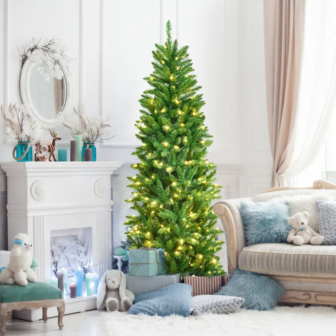 180 cm schmaler Weihnachtsbaum mit warmweißen LEDs, künstlichen Nadeln faltbar mit Metallständer Grün