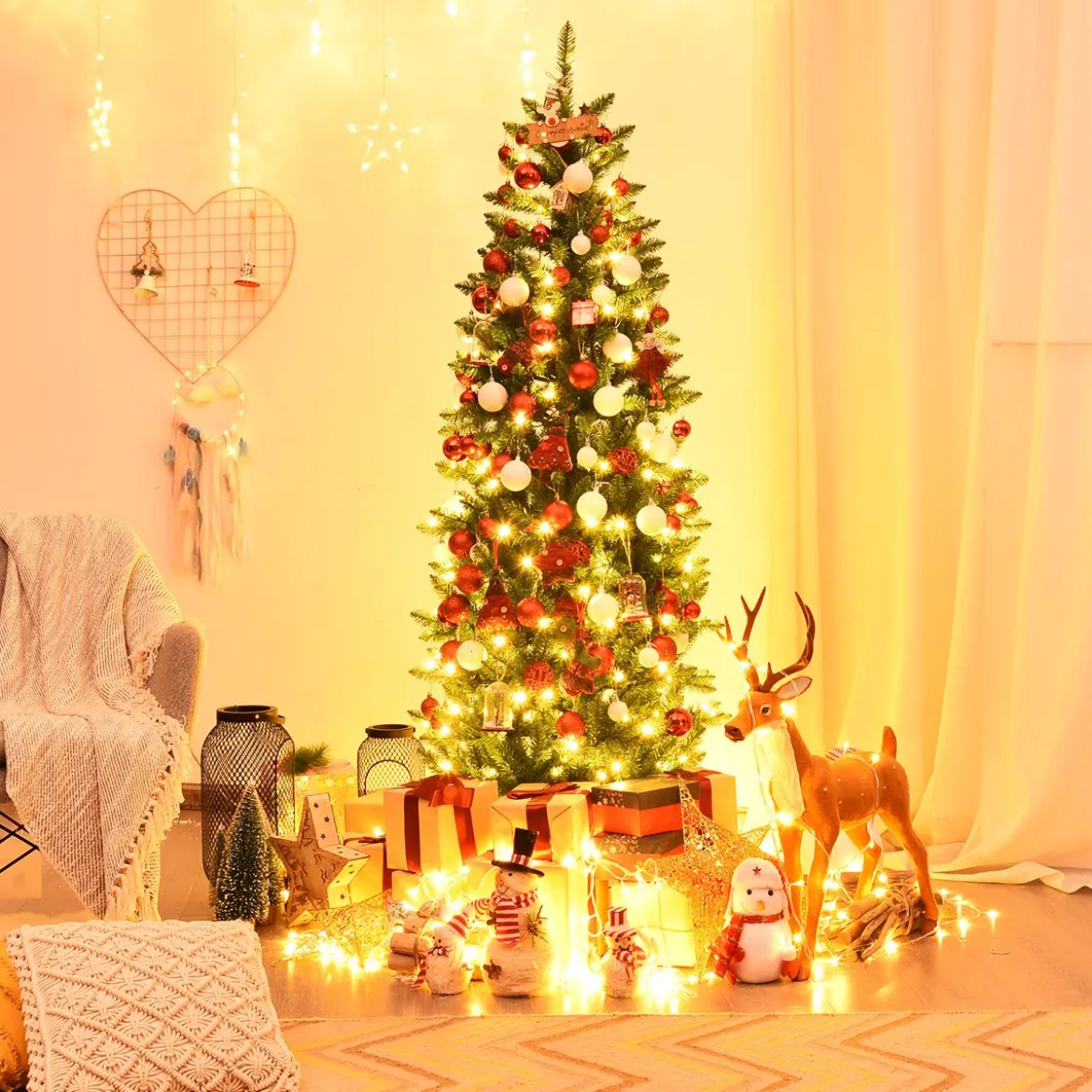 180 cm schmaler Weihnachtsbaum mit warmweißen LEDs, künstlichen Nadeln faltbar mit Metallständer Grün