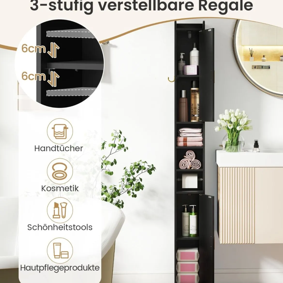 179 cm Schmales Badezimmerregal mit 2 Türen & Verstellbaren Regalen Aufbewahrungsregal Schwarz