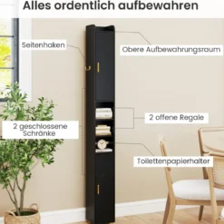 179 cm Schmales Badezimmerregal mit 2 Türen & Verstellbaren Regalen Aufbewahrungsregal Schwarz