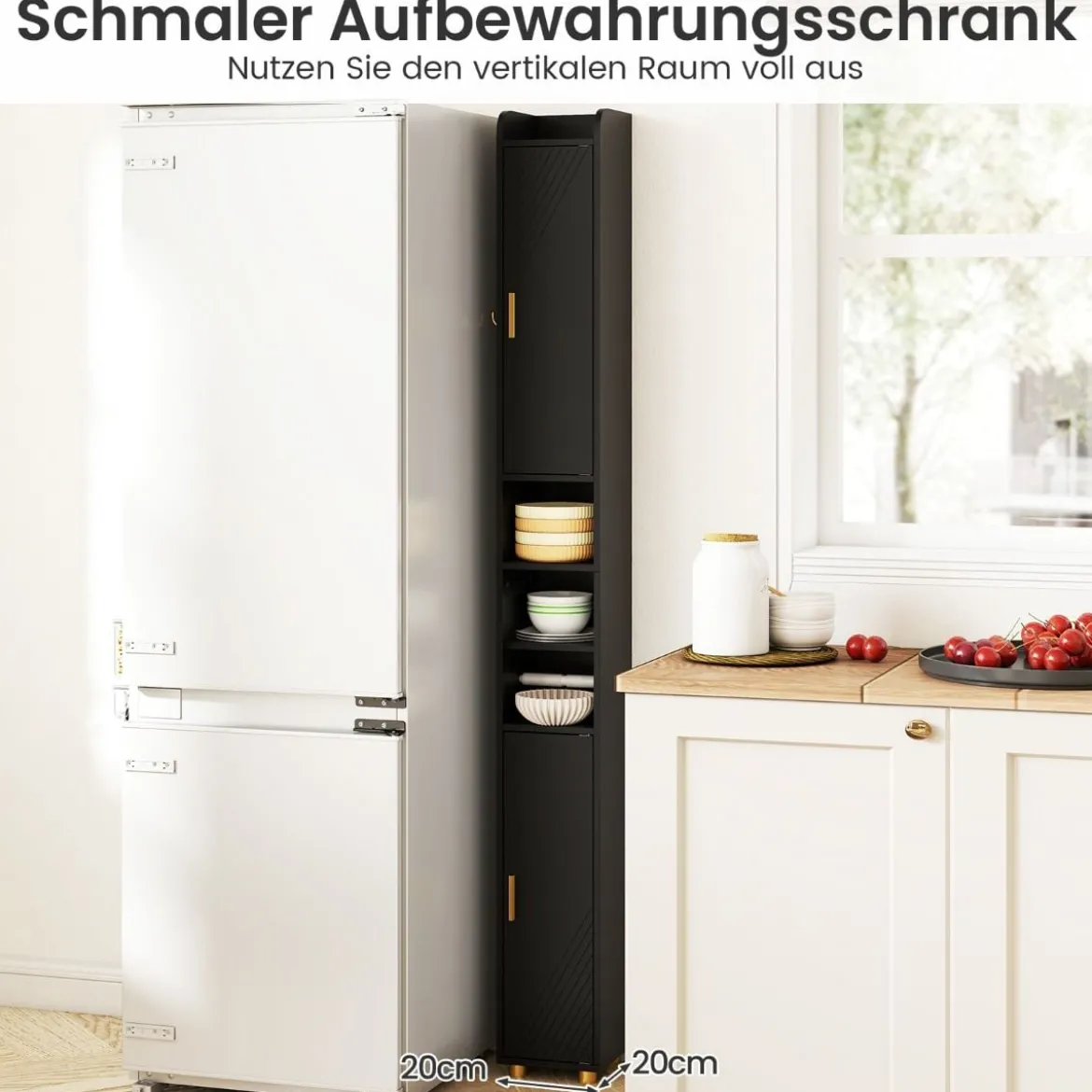 179 cm Schmales Badezimmerregal mit 2 Türen & Verstellbaren Regalen Aufbewahrungsregal Schwarz