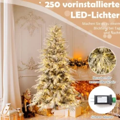 180 cm Schnee-beflockter künstlicher Weihnachtsbaum vorbeleuchteter Weihnachtsbaum mit 250 warmweißen LED-Lichtern 594 Zweigspitzen