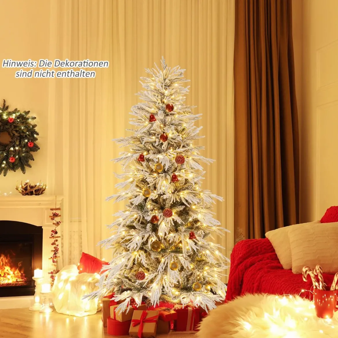180 cm Schnee-beflockter künstlicher Weihnachtsbaum vorbeleuchteter Weihnachtsbaum mit 250 warmweißen LED-Lichtern 594 Zweigspitzen