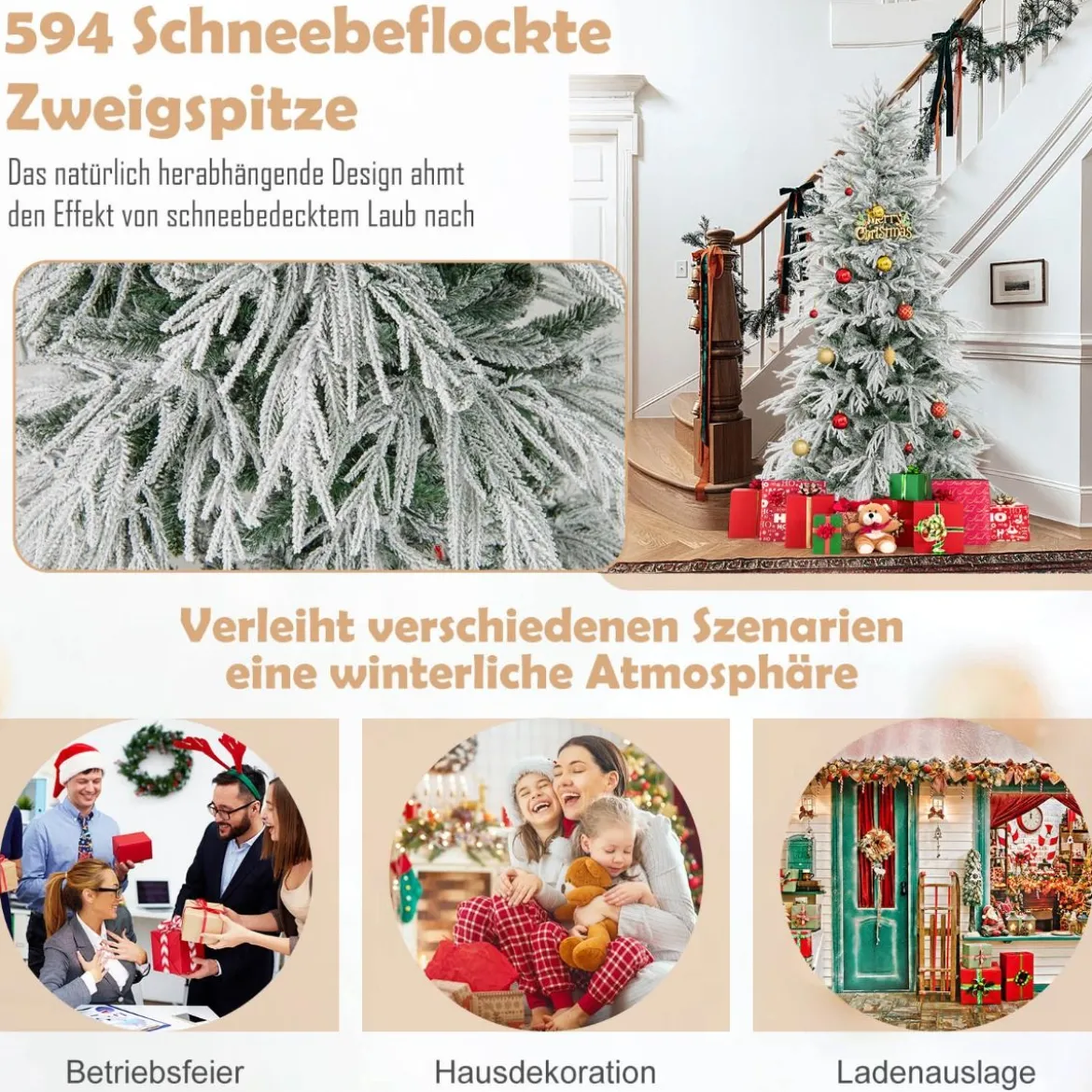 210 cm Schnee-beflockter Künstlicher Weihnachtsbaum mit 65 Kugellampen 350 Warmweißen LED-Lichtern 905 Zweigspitzen