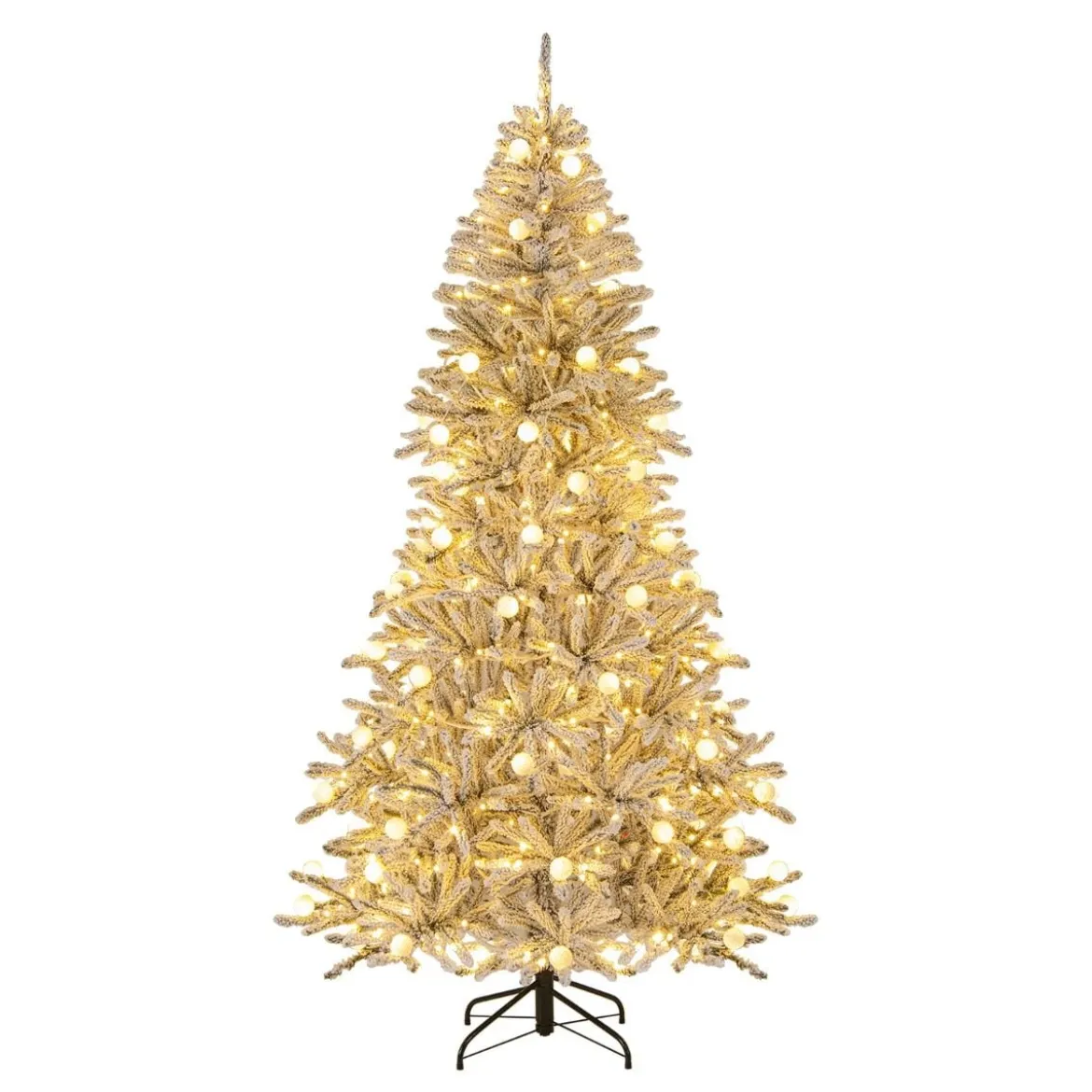 210 cm Schnee-beflockter Künstlicher Weihnachtsbaum mit 65 Kugellampen 350 Warmweißen LED-Lichtern 905 Zweigspitzen
