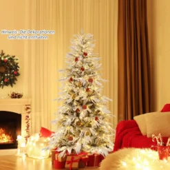 210 cm Schnee-beflockter Künstlicher Weihnachtsbaum mit 65 Kugellampen 350 Warmweißen LED-Lichtern 905 Zweigspitzen