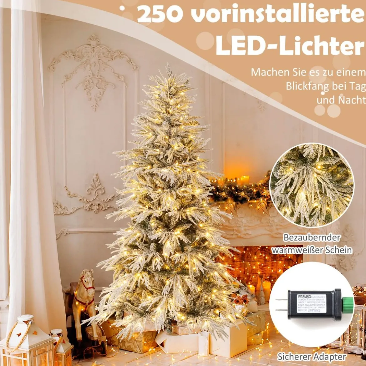 210 cm Schnee-beflockter Künstlicher Weihnachtsbaum mit 65 Kugellampen 350 Warmweißen LED-Lichtern 905 Zweigspitzen