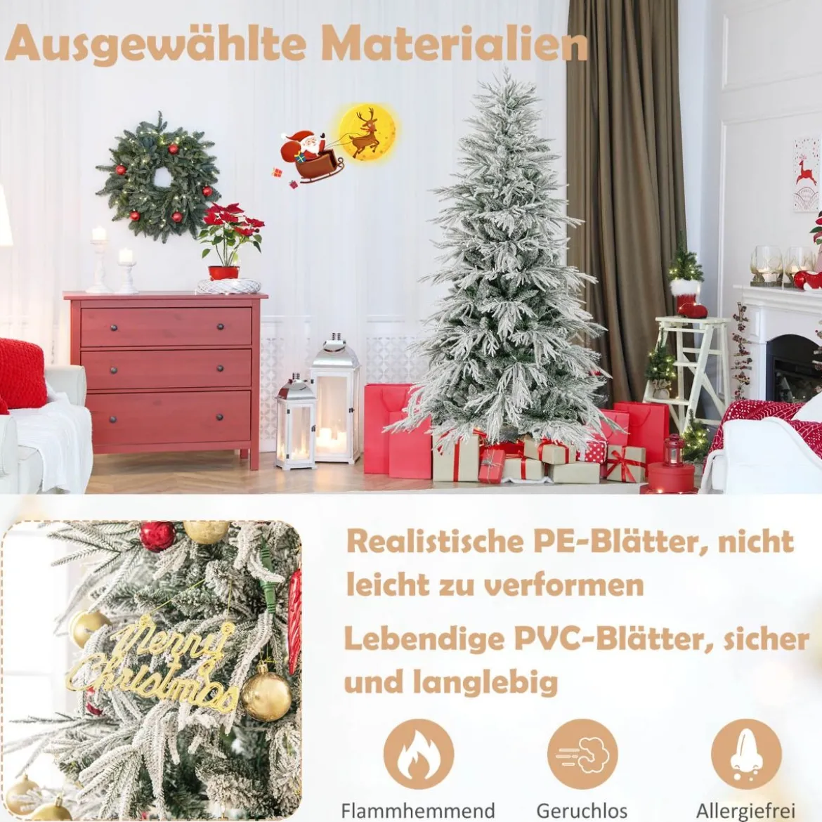 210 cm Schnee-beflockter Künstlicher Weihnachtsbaum mit 65 Kugellampen 350 Warmweißen LED-Lichtern 905 Zweigspitzen