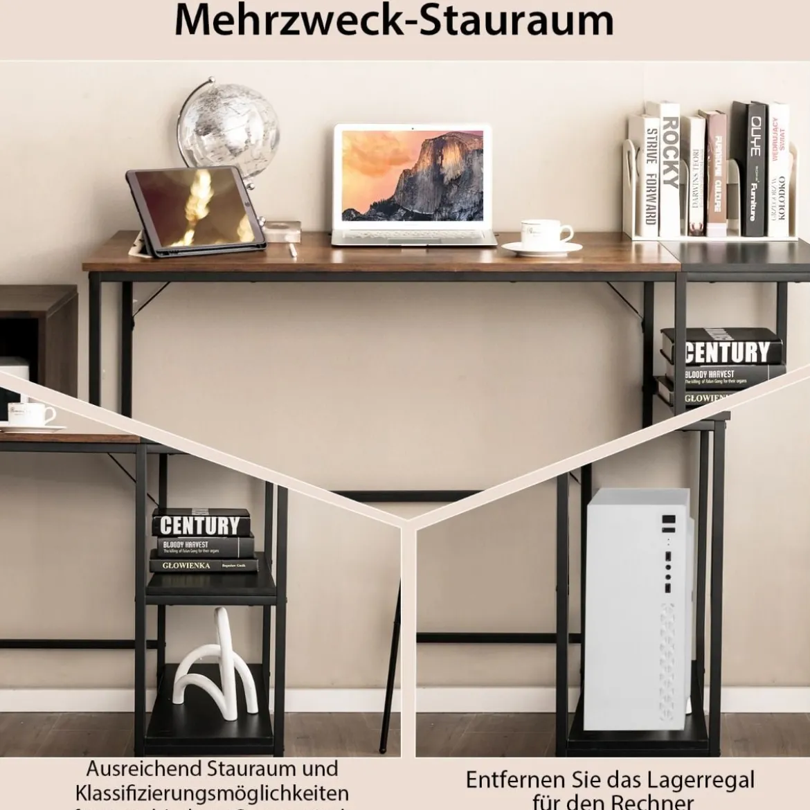 140 cm Schreibtisch mit Ablageflächen & Spleißplatte Computertisch Bürotisch Industriell