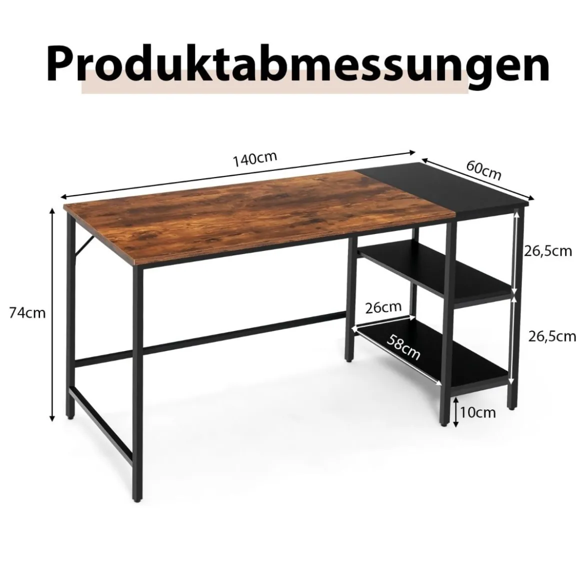 140 cm Schreibtisch mit Ablageflächen & Spleißplatte Computertisch Bürotisch Industriell